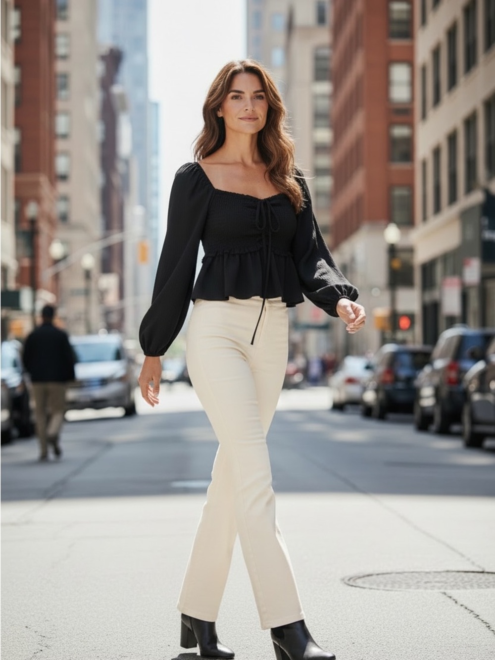 Wayf Black Peplum Smocked Long-Sleeve Crop Top